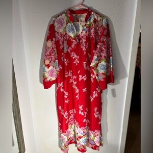 NWT CRUZ by NATORI Asian Japanese Maxi Red Dress Full Length Kaftan Pockets Sz M